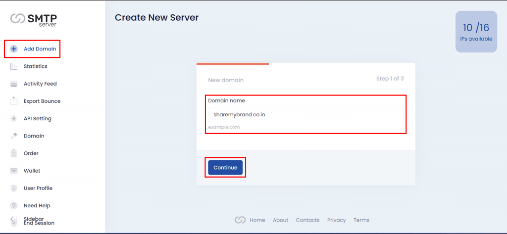 1. Add domain from smtpserver dashboard