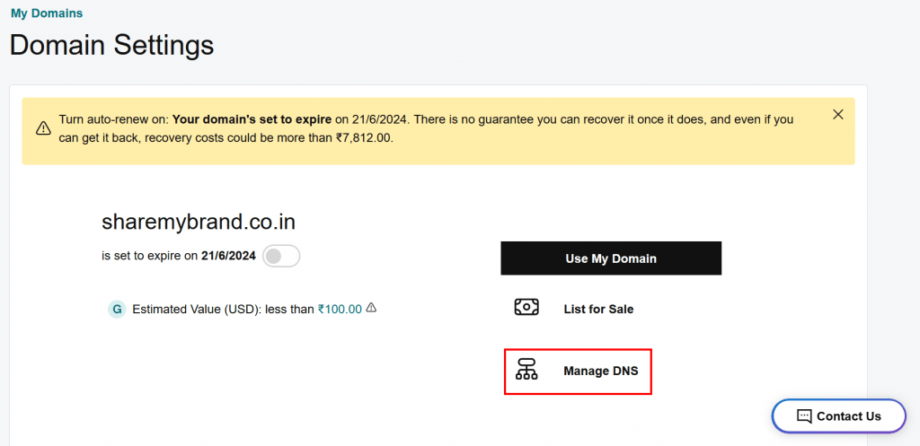 7. Click on Manage DNS