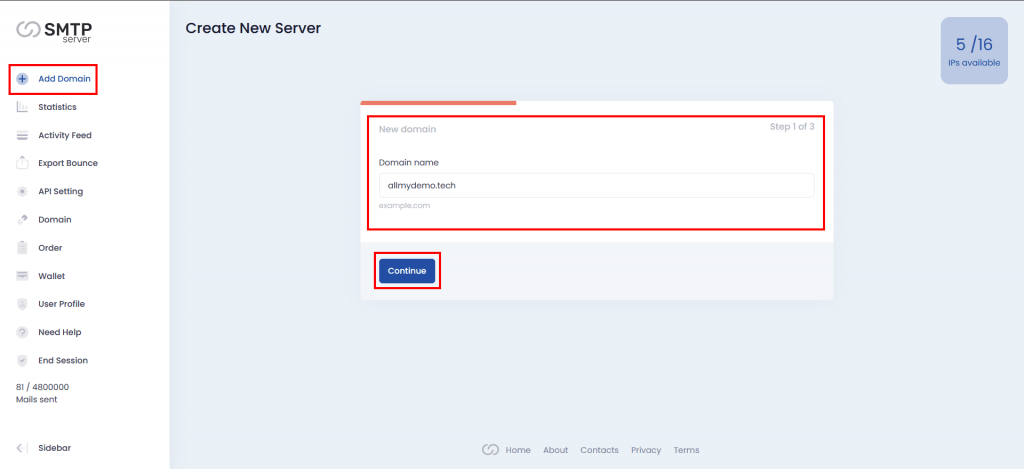 1. Add domain from smtpserver dashboard