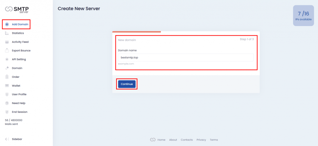 1. Add domain from smtpserver dashboard