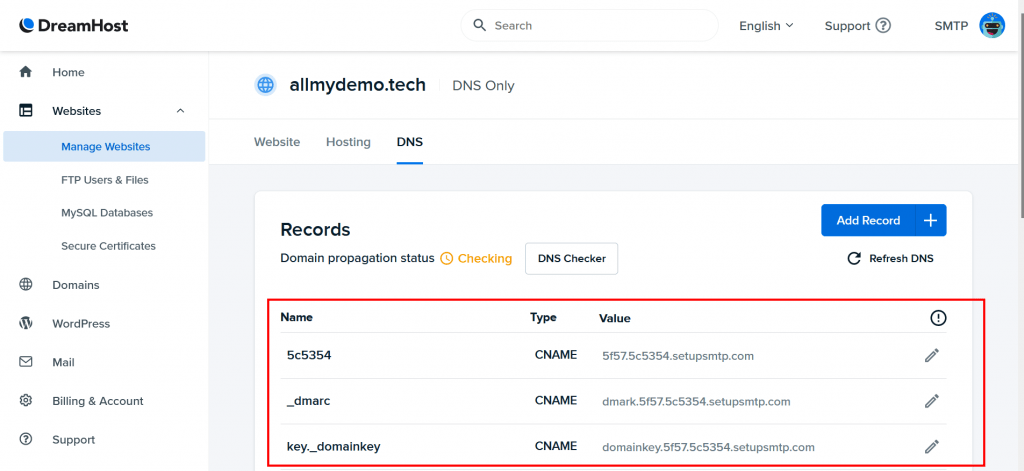 10. All records are added to Dreamhost