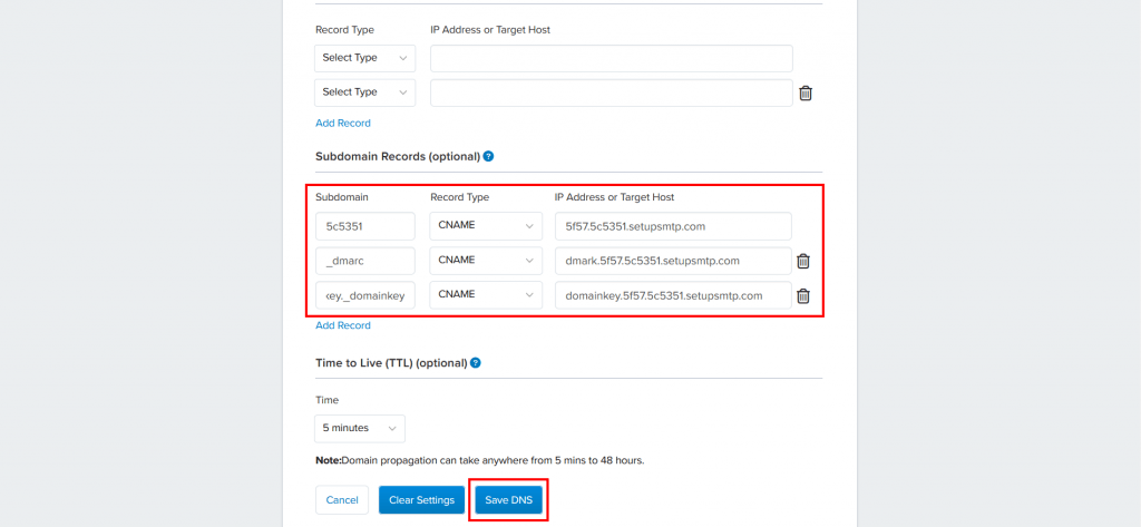 10. Once all records are inserted, click on Save DNS