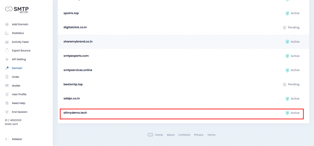 11. Domain is active at the smtpserver domain section