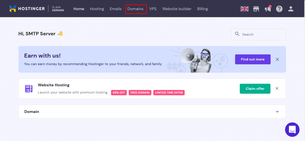 4. At Hostinger dashboard click on Domains from the top menu