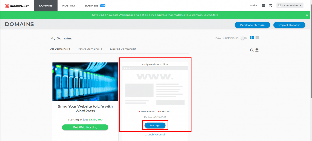 4. Click on Manage below the domain name