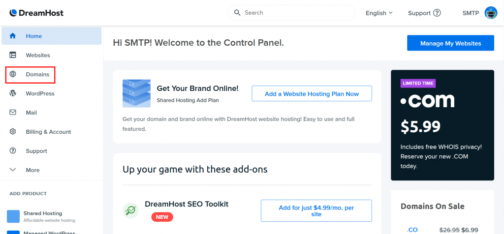 4. From Dreamhost dashboard click on Domains at the left panel