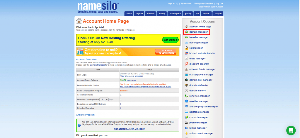 5. Click on domain manager at account home page