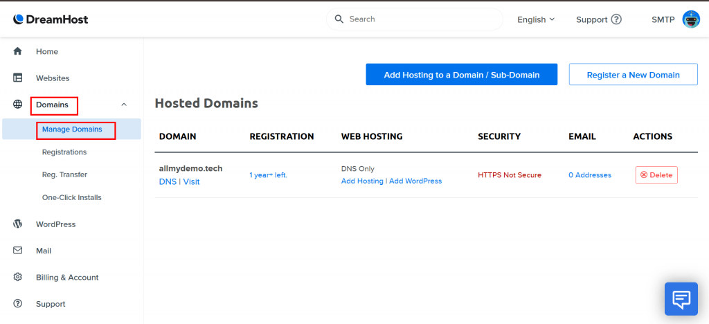 5. From sub menu of Domains, click on Manage Domains