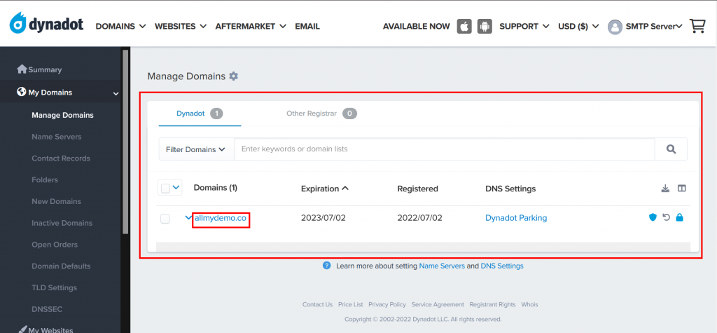 6. At Manage Domains section, click on your domain name