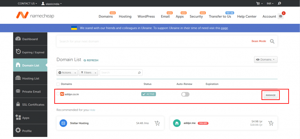 6. At the right side of your domain name click on MANAGE