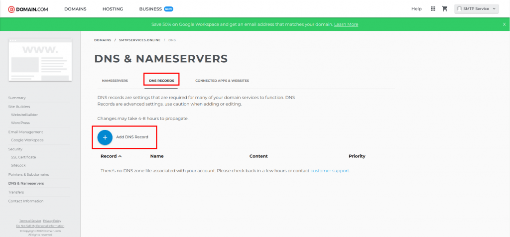 6. Click on DNS RECORDS tab and then Add DNS Record