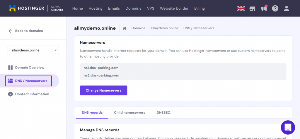 6. Click on DNS and Nameservers option at left panel