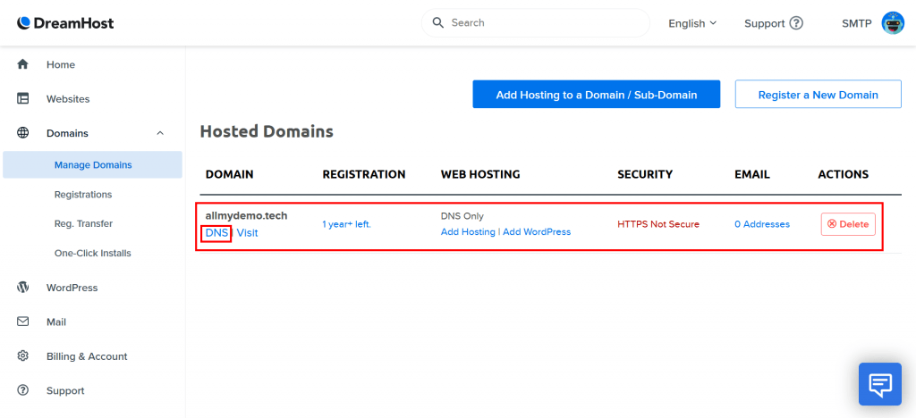 6. Click on the DNS under your domain name