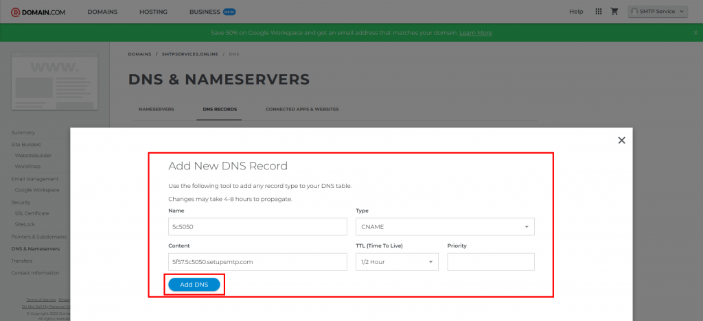 7. Adding DNS records as shown in smtpserver