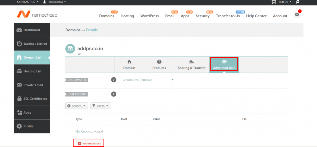 7. Click on Advanced DNS and then click on ADD NEW RECORD to start adding records
