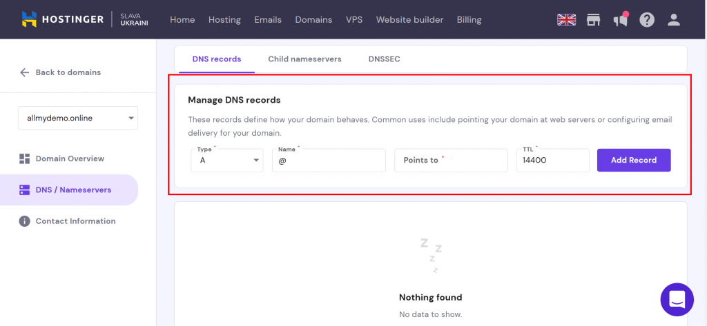 7. Scroll down to Manage DNS records to add records