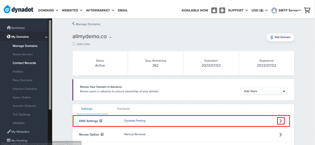 7. Under your domain, go to DNS settings and click on the arrow