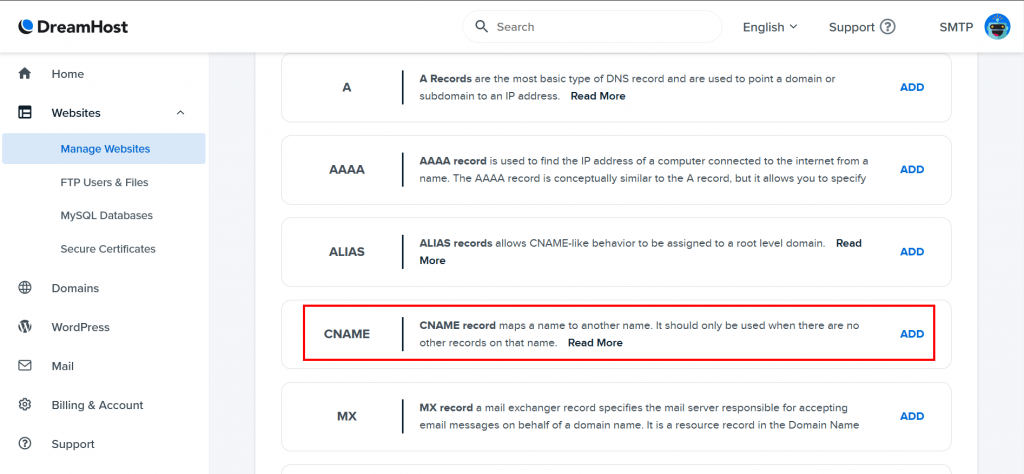 8. Scroll down and choose CNAME and click on ADD