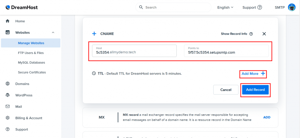 9. Adding DNS records as shown in smtpserver