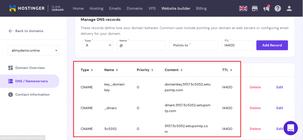 9. All records are added to Hostinger