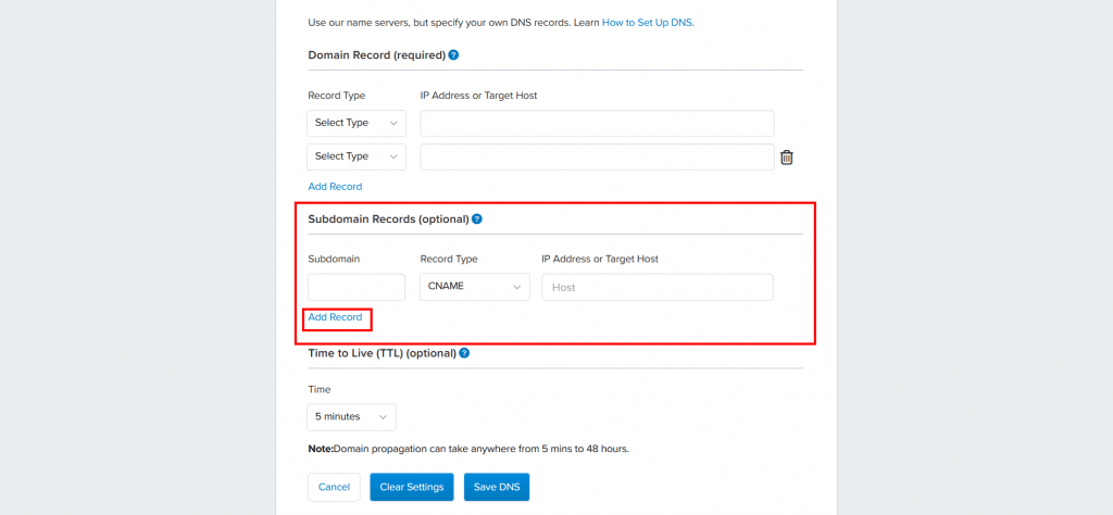 9. Scroll down to Subdomain Records to start adding records and click on Add Record to add more fields